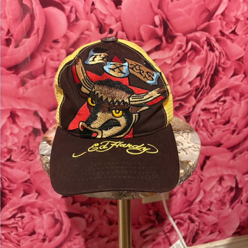 Ed Hardy Bull Design Cap in Brown and Yellow